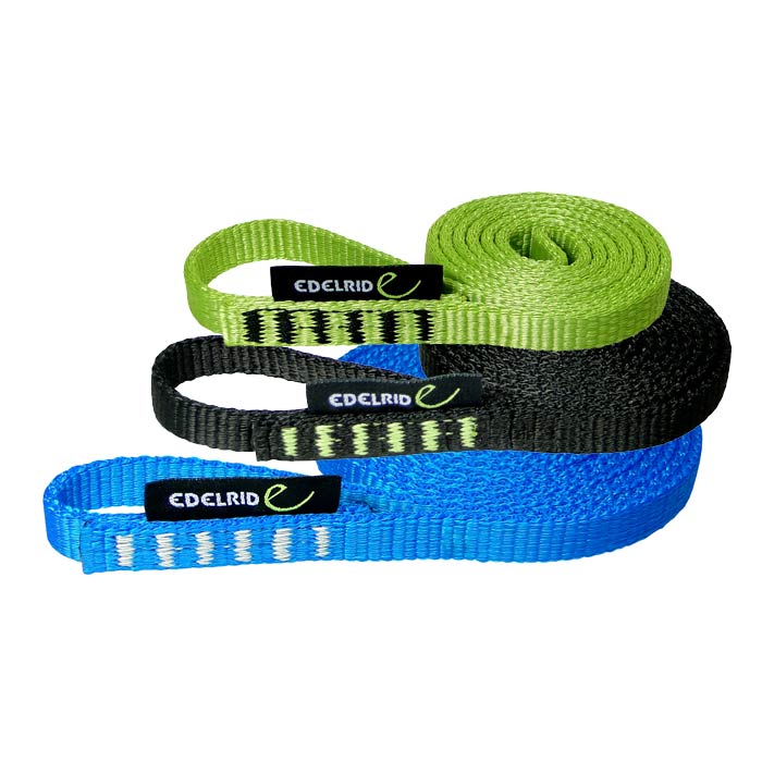 Tech Web by Edelrid, three different colored climbing tapes in green, black and blue superimposed on each other