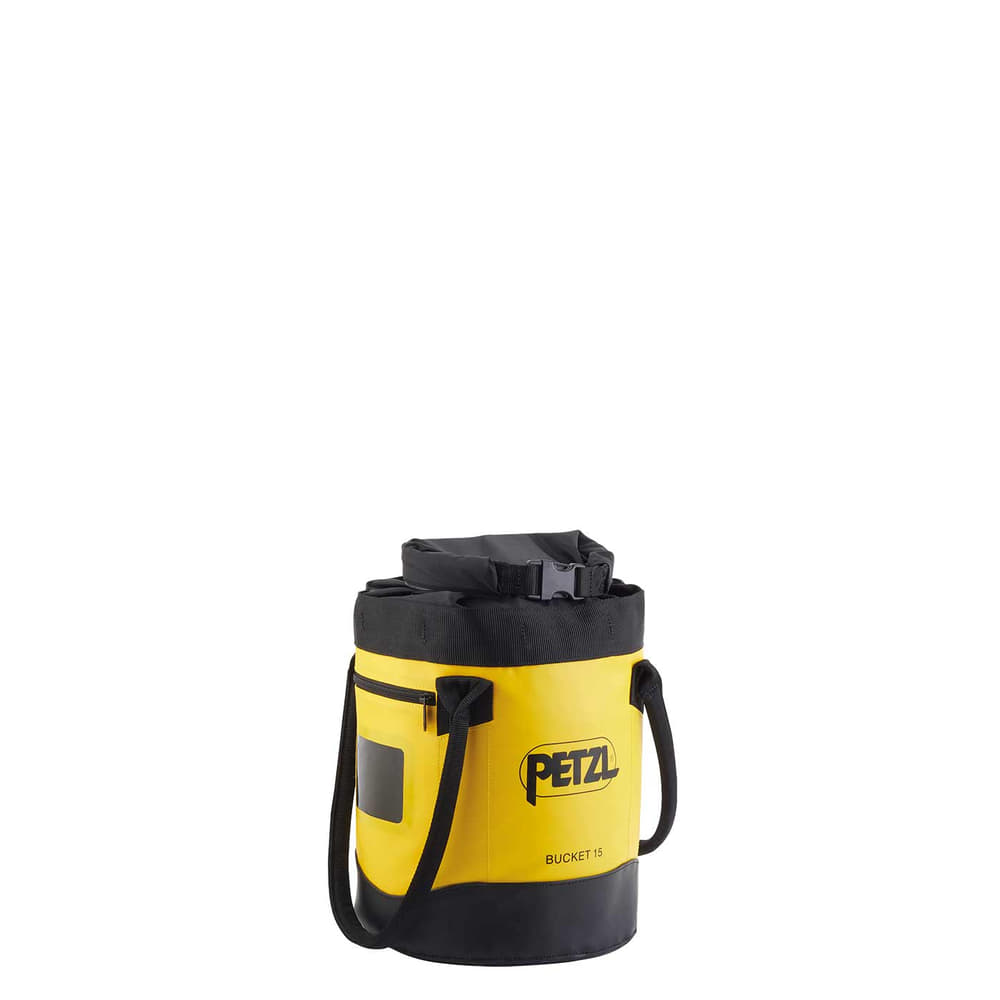 Yellow and Black Petzl Bucket 15 Rope Bag with Handles and Zipper Pocket, Front View