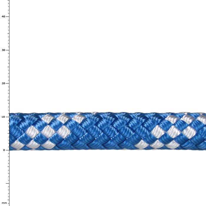 GeoStatic 11.0 rope in blue and white, tightly braided, with visible structure and scale in the background