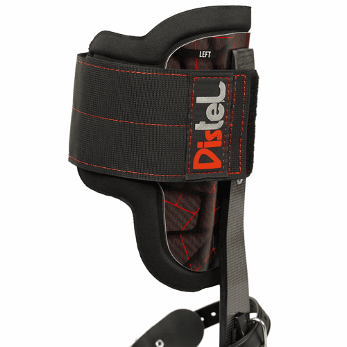 Distel Carbon 3.1 Classic by Distel, left carbon rail with padded black Velcro strap with Distel logo, side view