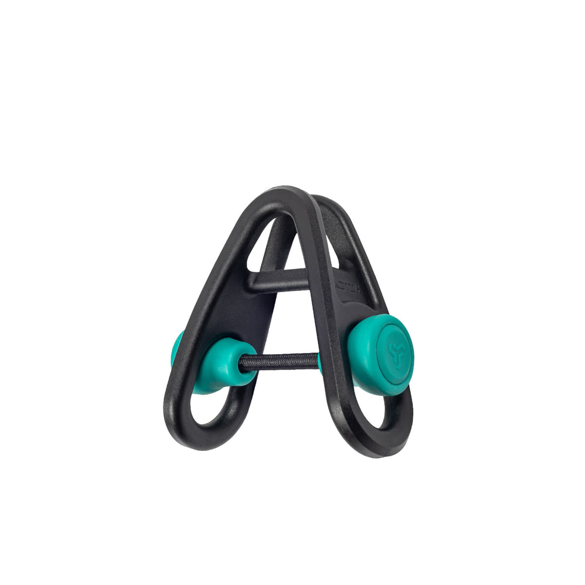 Sidekick product in black with two turquoise buttons and a black cord in between