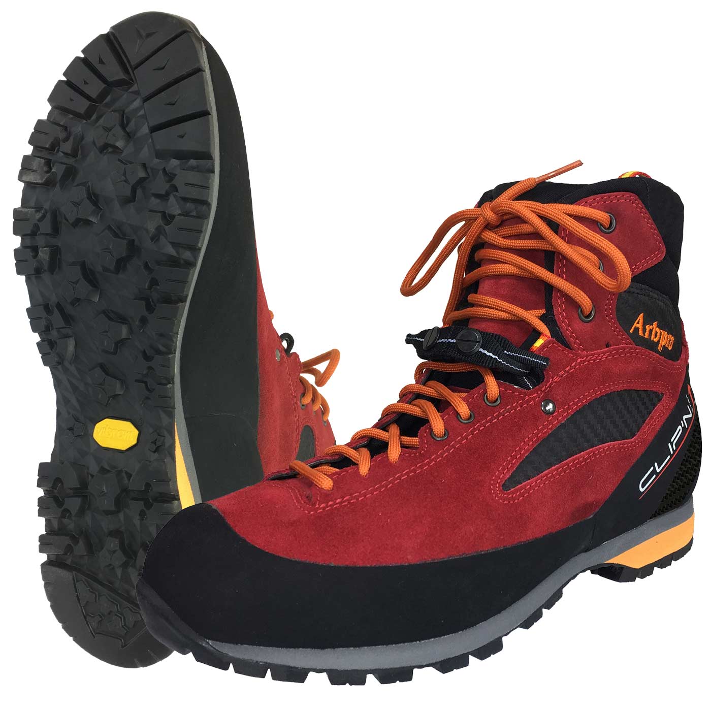 ClipnStep EZloop hiking shoe in red and black with orange laces, treaded sole with yellow Vibram logo visible