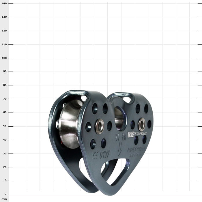 Tandem Speed product, black metal rope pulley with two pulleys and several round holes in the housing