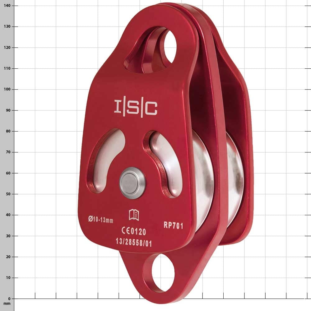 Double Rescue Pulley, red rope pulley with two wheels, manufacturer ISC, type RP701, with inscriptions and technical specifications