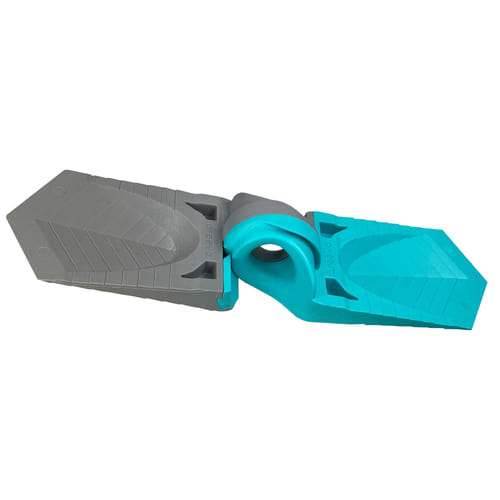Dual wedge in turquoise and grey, unfolded product with visible articulation connection
