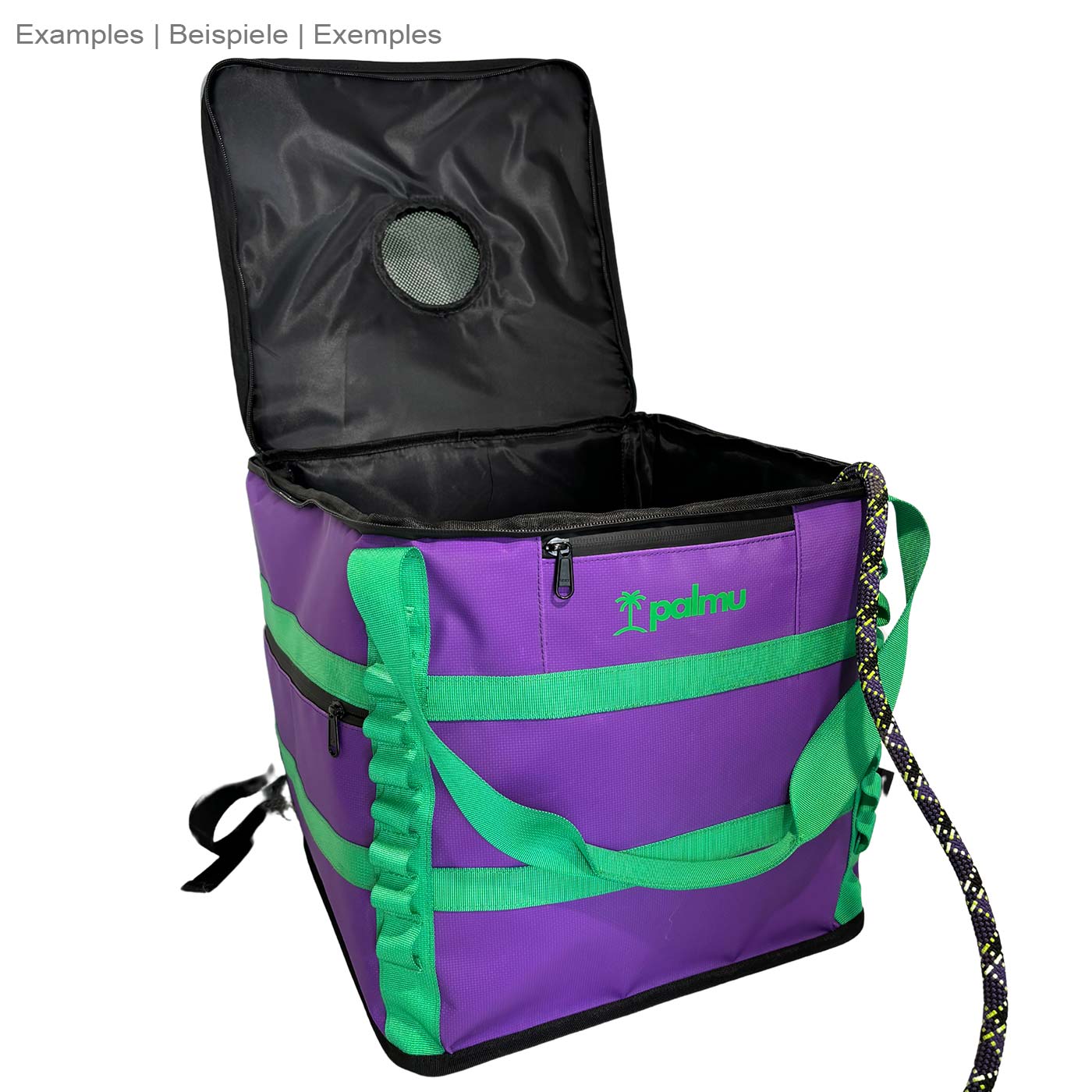 Palmu 32 bag in purple with green handles and open lid, manufacturer Palmu visible