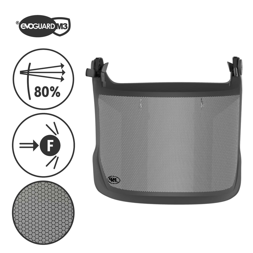 Evoguard M3 Forestry Visor with grey frame and black mesh, next to symbols and logo