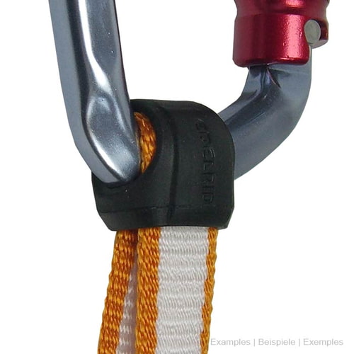 Sling 16, close-up of a silver carabiner with a red clasp attached to an orange and white sling with black plastic protection