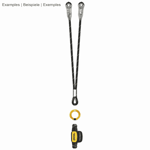 Example illustration with two black and yellow loops, a gold-coloured ring and an Absorbica by Petzl in yellow and black with white lettering