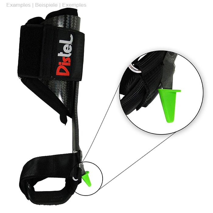 Magnetic Gaff Guard, green, plastic, attached to an orthosis with black band