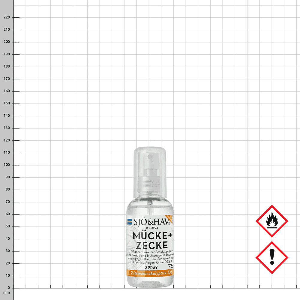 SJÖ&HAV Mosquito+Tick Spray with transparent spray head and white label, orange field with the inscription lemon eucalyptus oil, next to it two hazard symbols, one with flame and one with exclamation mark