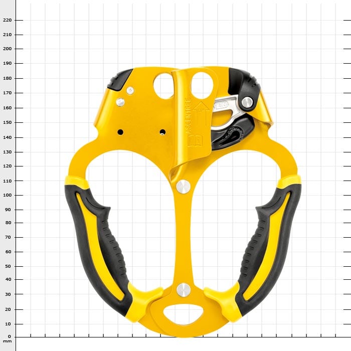 Ascentree yellow climbing frame with black handles and metal parts against checkered background