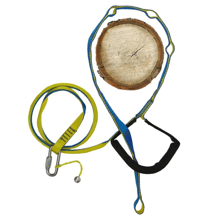 Choker Joker Light, yellow-blue straps with black handle and metal carabiner, lying on a piece of wooden disc
