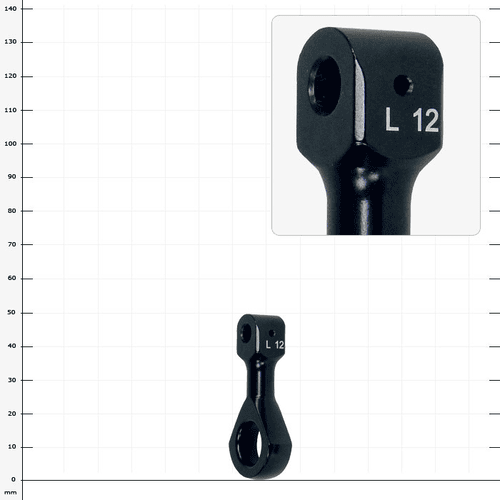 LockJack carabiner mount, black metal part with two round openings and the inscription "L 12"