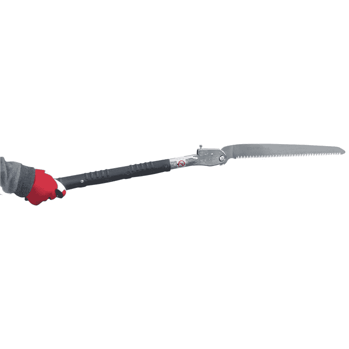 Silky Katanaboy 500-5 folding saw with folded blade, held by one hand with red glove