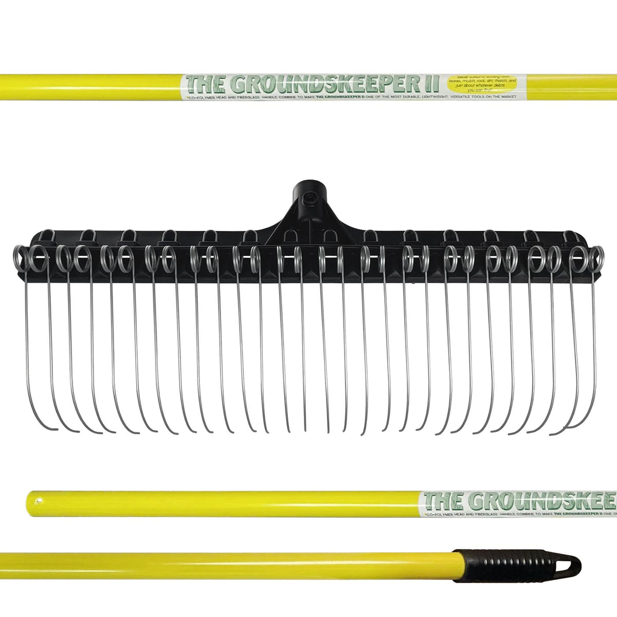 The Groundskeeper II Rake Detail of the yellow handle with inscription The Groundskeeper II and view of the black tines with metal springs