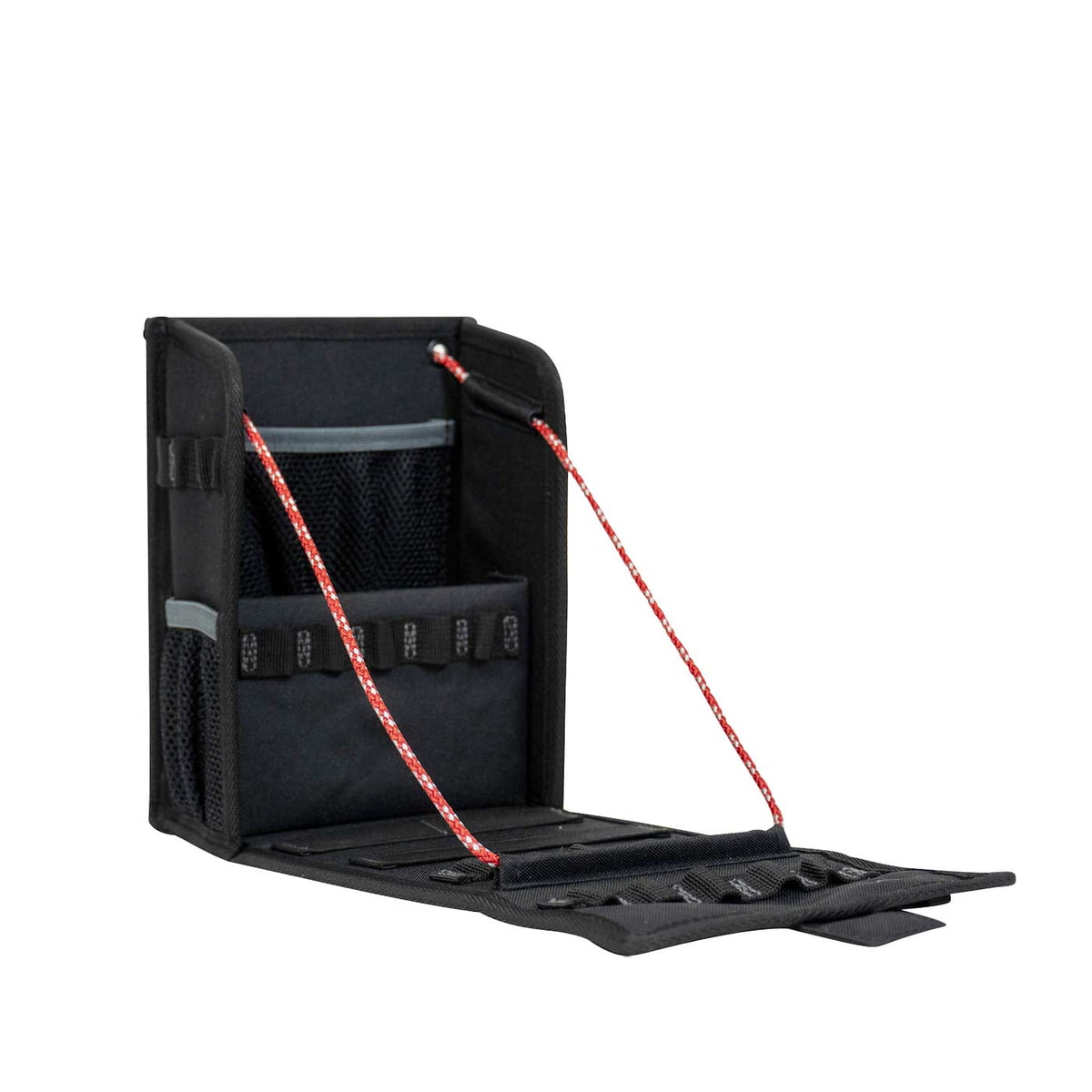 Mini Mule by Teufelberger, black bag with red cords and several compartments, shown open