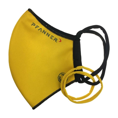 PFANNER® reversible mask yellow with black rim, black elastic band and two additional yellow elastic bands, PFANNER® logo on top of the mask