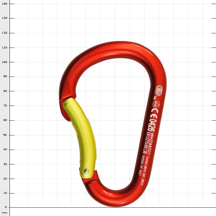 Red snap hook with yellow closure, product name Paddle is visible