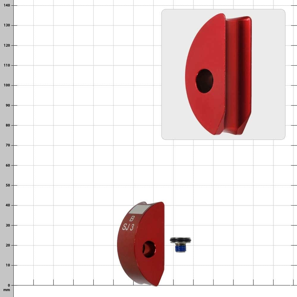 SpiderJack 3 clamping jaw B, red semicircular metal clamp with hole in the middle and the inscription "B SJ 3" on the side, next to it a small screw with blue gasket