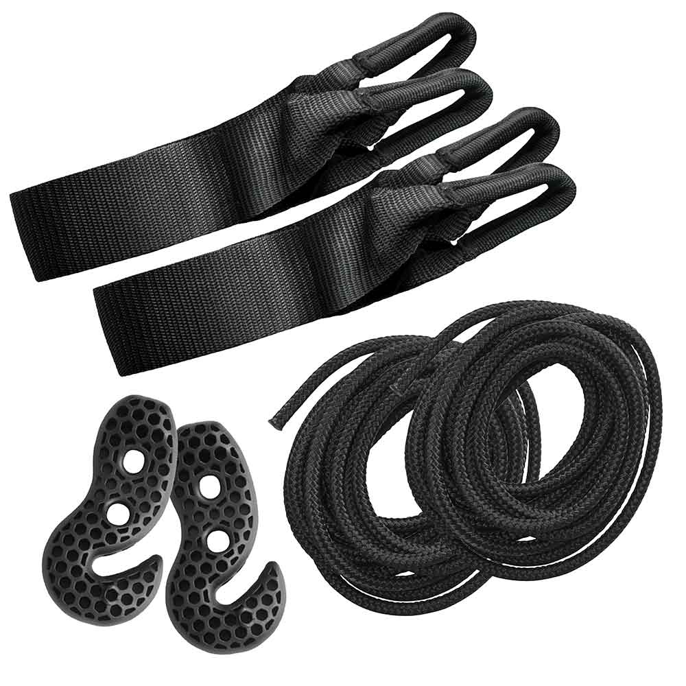 Black straps, two black ropes and two black plastic hooks of the TreeMount Hammock of La Siesta on white background
