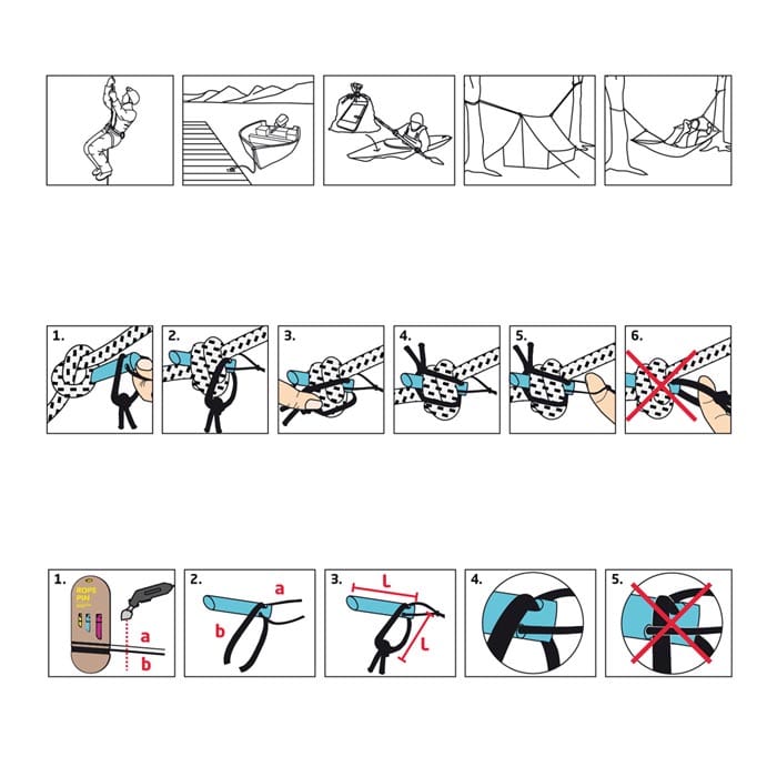 Rope Pin Set with instructions in black and white and colored illustrations on how to use the pins
