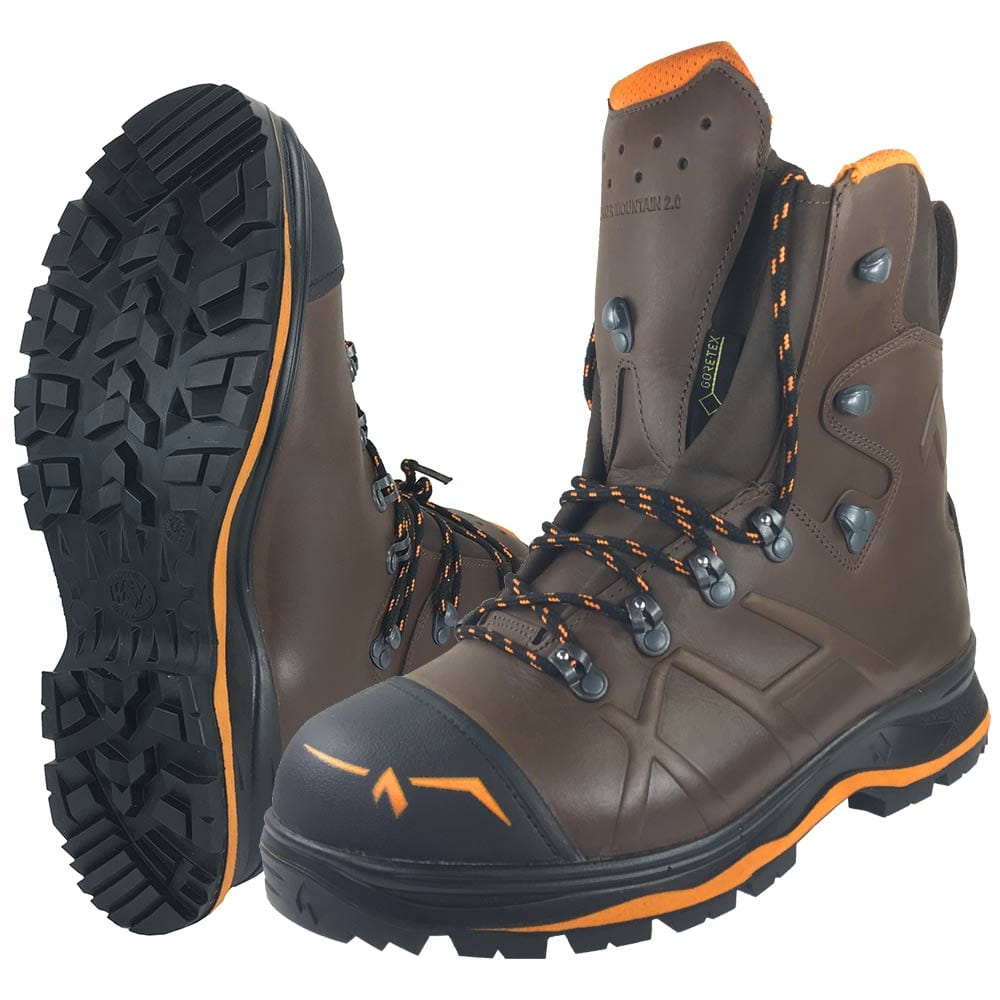 Trekker Mountain 2.0 brown mountain boot with black and orange sole and orange-black laces, manufacturer's name not visible