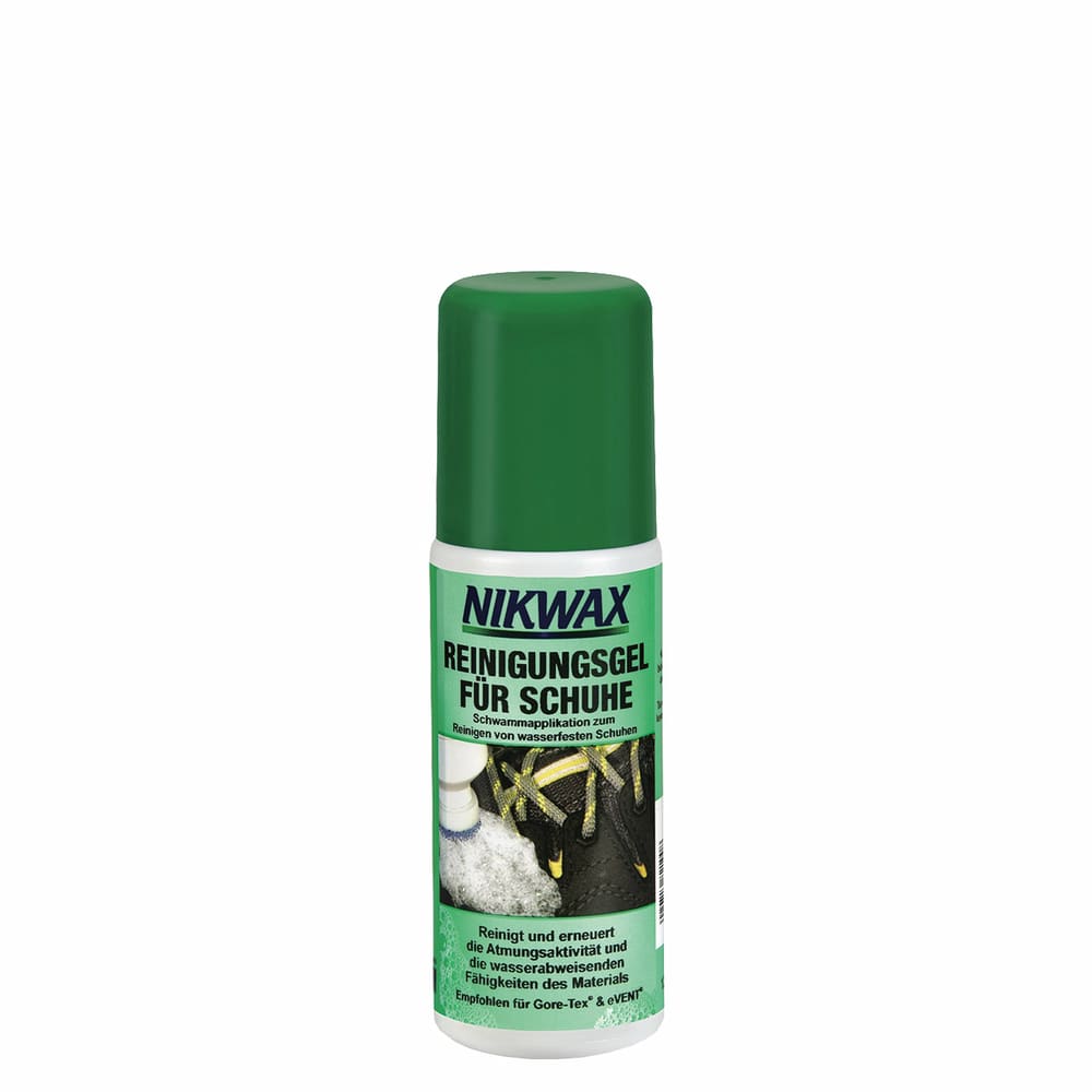 Nikwax Shoe Cleaning Gel with green lid and green label showing a shoe with foam and text to clean and renew breathability and water repellent properties