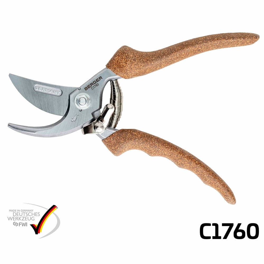 Berger C1760 Pruning Shears with Brown Ergonomic Handles and Silver Blade, Made in Germany, with Logo and Model Number on the Metal Part