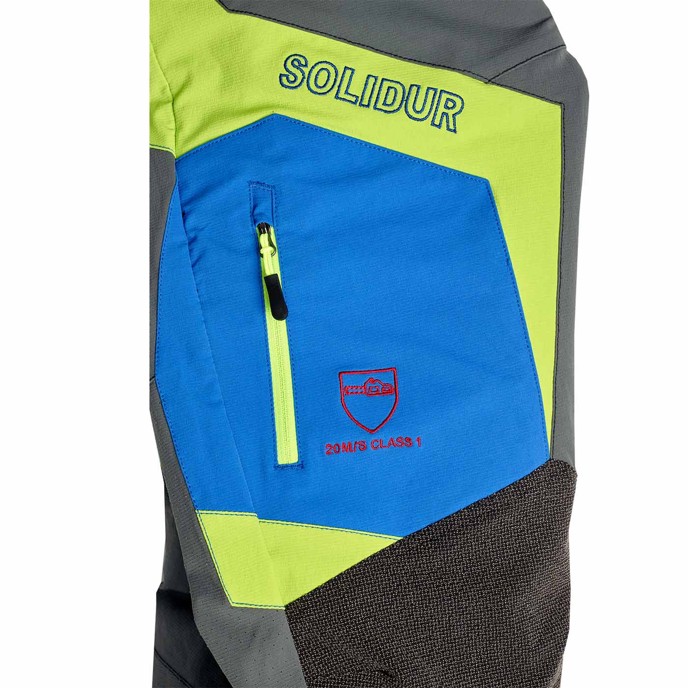Close-up of the blue zippered bag with the inscription "SOLIDUR" and a red symbol with "20 M/S CLASS 1" on the Climb cut protection pants