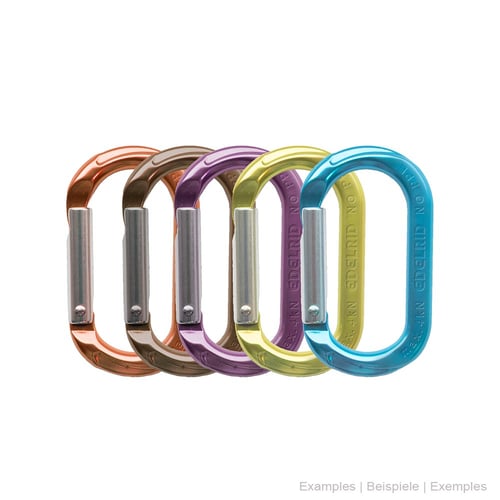 Mini-O snap hook in five different colours (orange, brown, purple, yellow, blue) with silver locking springs, manufacturer not visible
