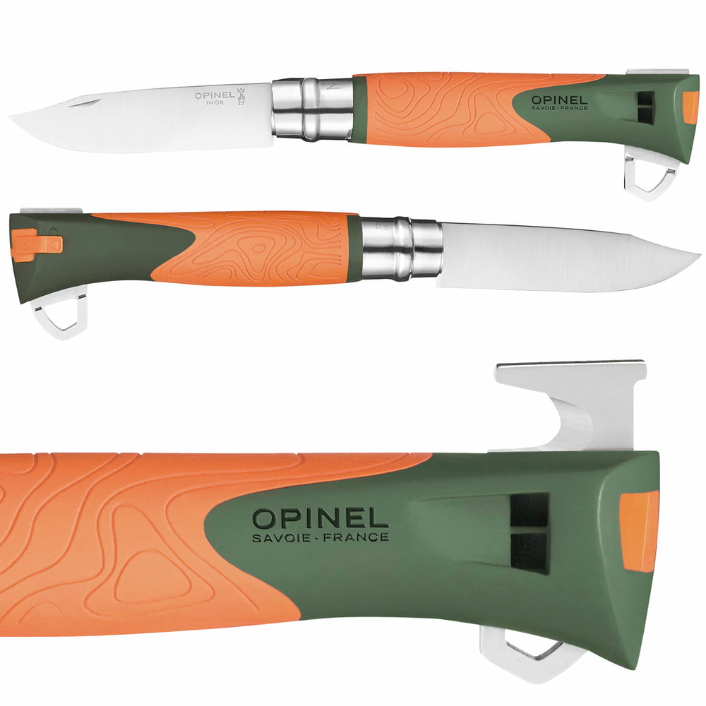 Two Opinel N°12 Explore knives side by side, stainless steel blades, orange and green handles with pattern, manufacturer Opinel