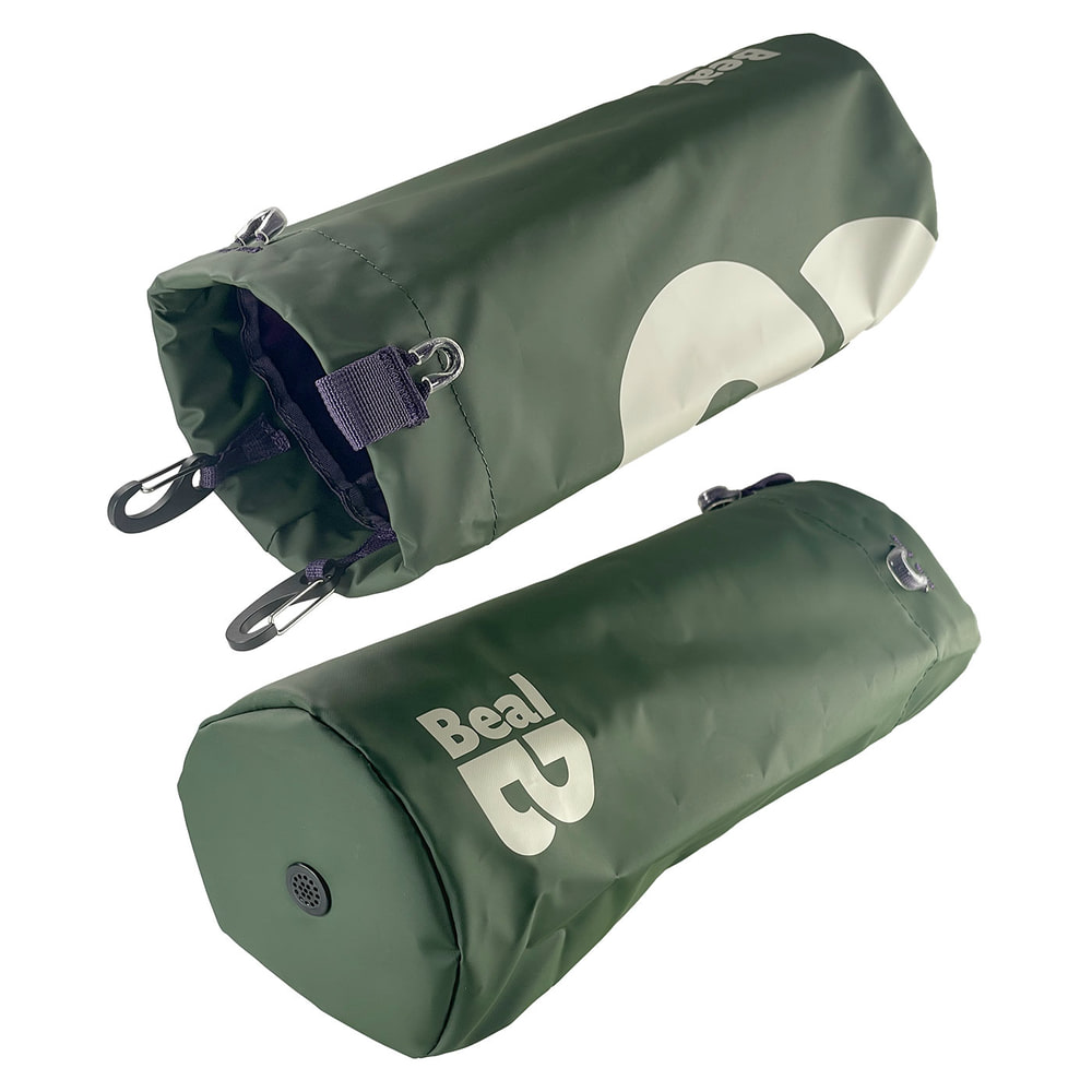 Tool Bucket L by Beal, green with white Beal logo, lies on the side, shows open top with two black carabiners and purple loops, bottom with ventilation grille