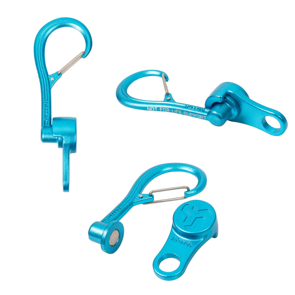 Three blue Magneato snap hooks with magnetic closure, one with the inscription "NOT FOR LIFE SUPPORT", all made of metal