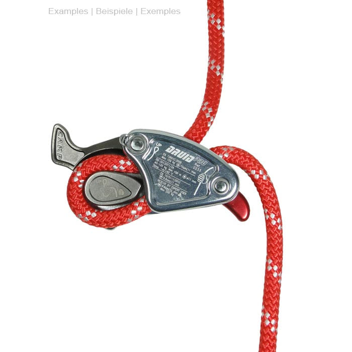 Druid Pro by CAMP Safety, silver device with red lever on red rope with loop and text on the front
