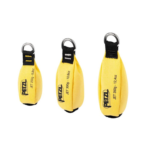 Three yellow Petzl Jet chalk bags in different sizes with black band and metal ring, labeled with weight in grams and ounces, model Jet
