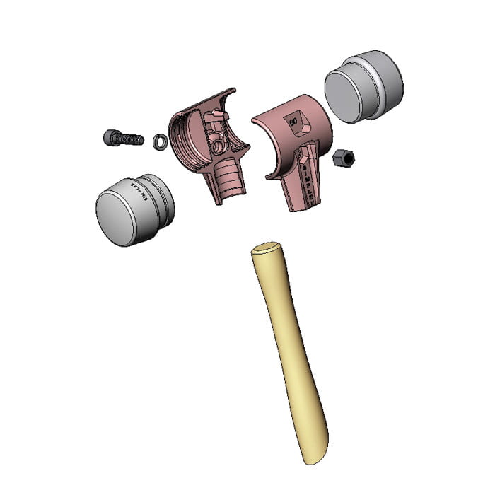 Exploded view of the Simplex soft-face hammer 370 with individual components such as handle, hammer head and impact surfaces