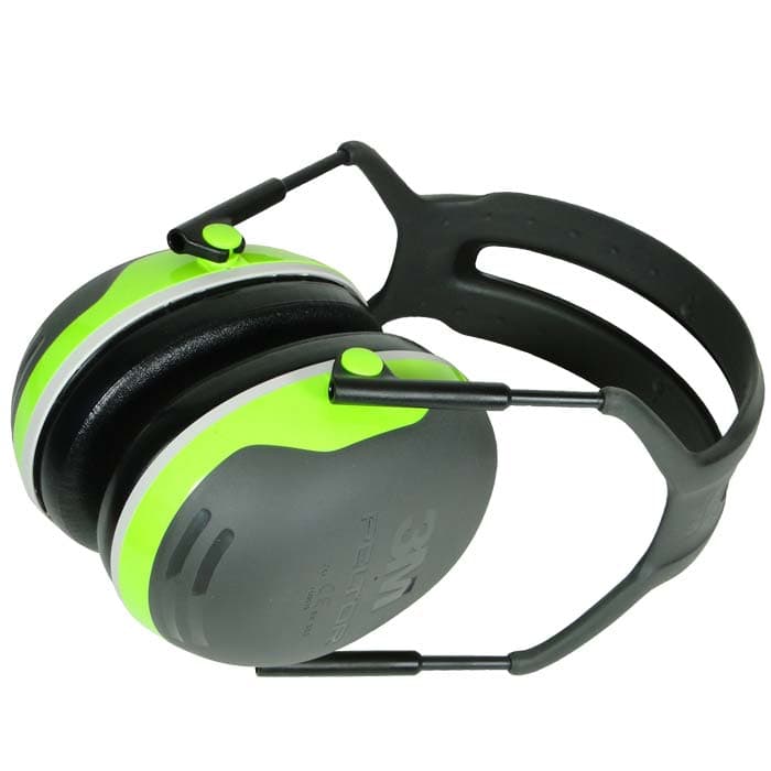 Ear protection X4 with headband, side view with black headband, grey and neon green ear cups, manufacturer 3M Peltor