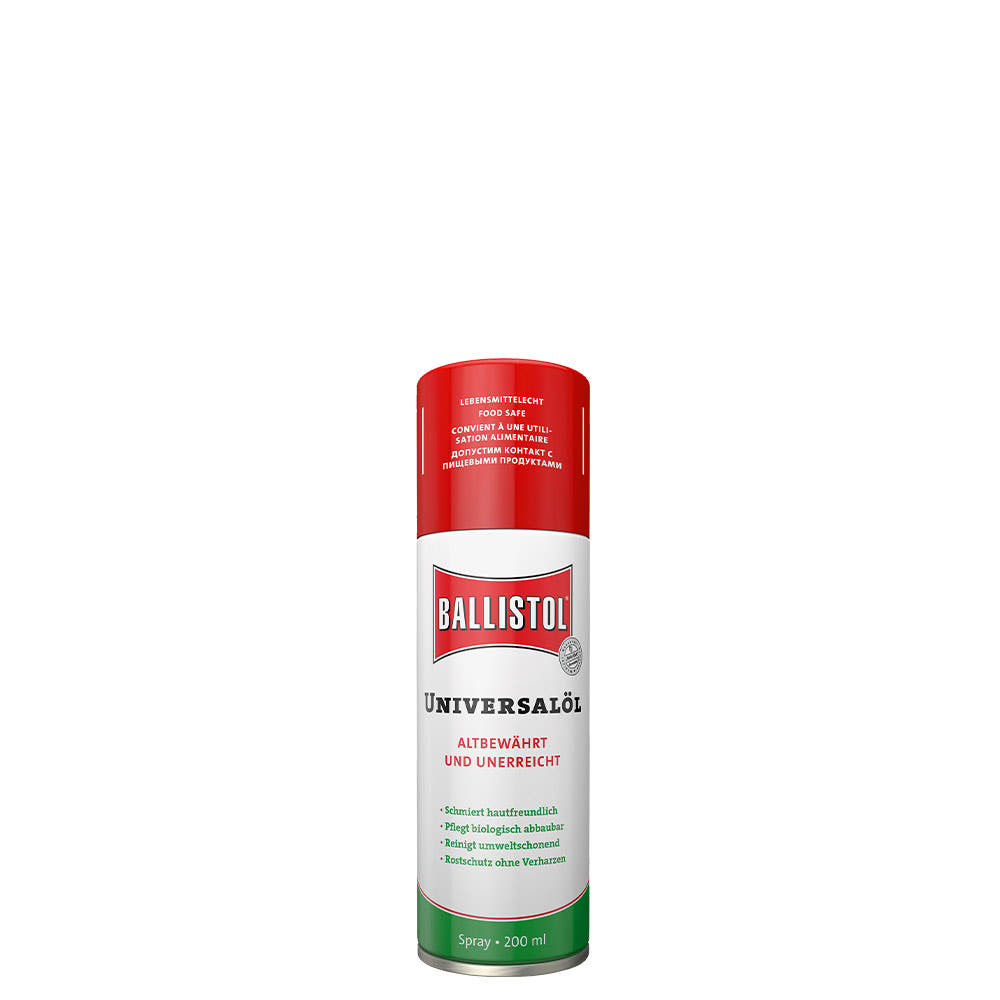 Ballistol Universal Oil 0.2 spray can with red lid, white middle part with red Ballistol logo and green bottom area, manufacturer name Ballistol, product description in German and other languages on the can