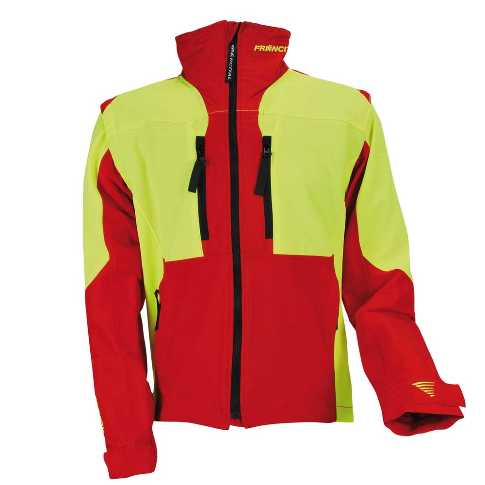 Aigoual R jacket in red and yellow with two black zippered front pockets and high collar