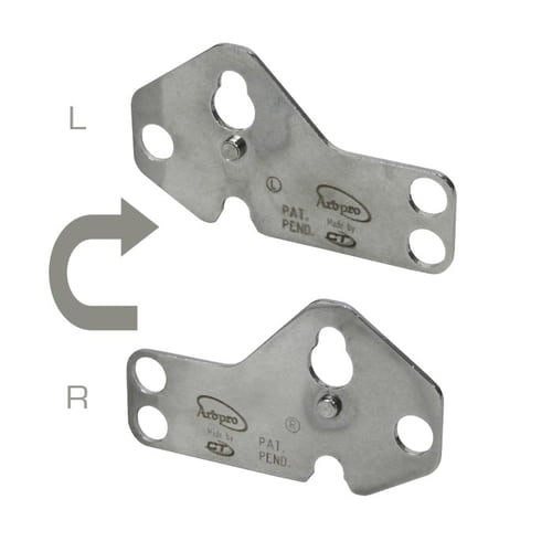 Quickstep Spurs by Arbpro, two silver metal parts with holes, one with inscription and arrow, with arrow between the two