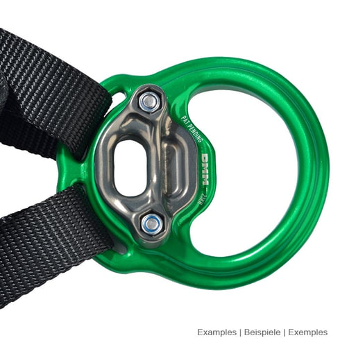 treeMOTION Evo lanyard, grey metal part attached to green ring and black strap with two screws