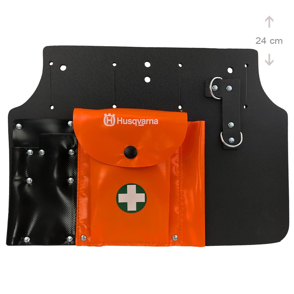 Tool bag with black and orange compartment, orange compartment with Husqvarna logo and white cross, black back panel with holes and metal rings