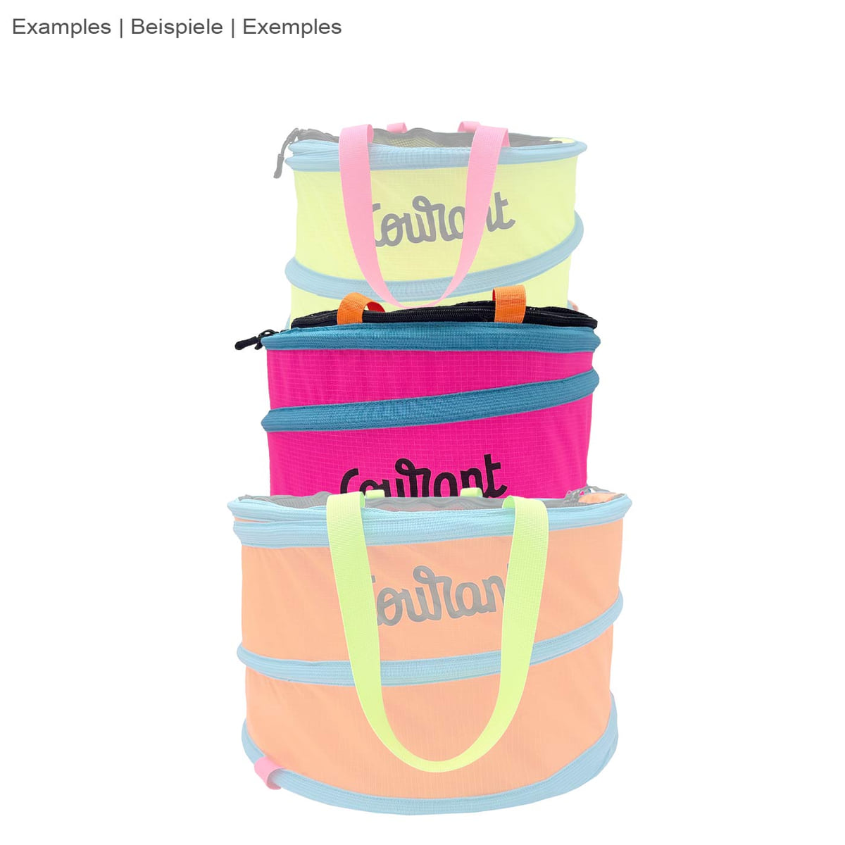 Pelican M, three round containers in yellow, pink and orange with blue edges and different colored carrying straps, all containers say "Courant"