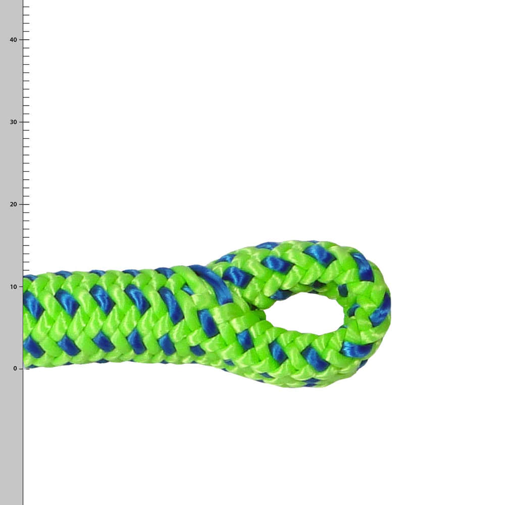 Tachyon Green spLIFE rope end in green with blue accents, braided and with a loop