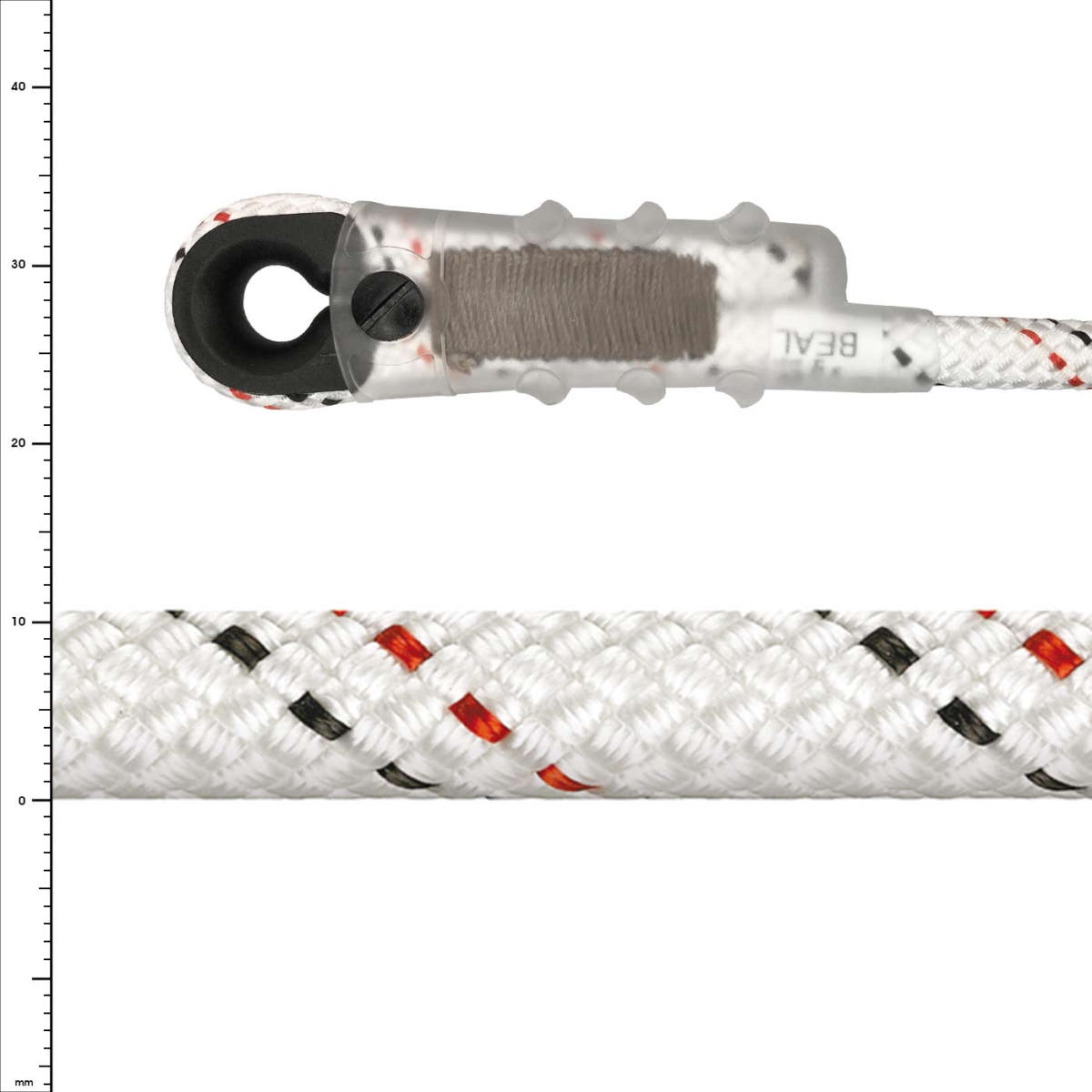 Industry 10.5 rope in white with black and red patterns, with a transparent protective cap at the end and a black ring