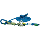 hipSTAR Glide 11.5 blue rope coiled with two blue carabiners and metal eyelet, wrapped with green-yellow rope, lies on white background