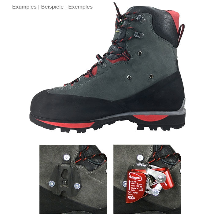 Side view of the Andrew Quickstep hiking boot in grey, red and black with two small detail images underneath showing a black bracket and a red climbing frame