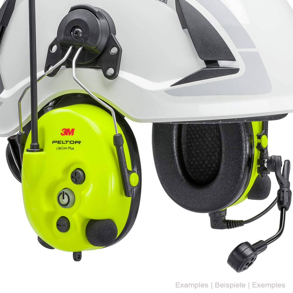 3M Peltor Lite Com Plus yellow ear protection with microphone and antenna, attached to white helmet, close-up