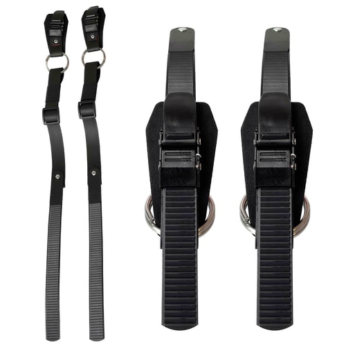Thistle lower ratchet strap, two black straps with ratchet closure and metal rings, frontal view with both straps next to each other